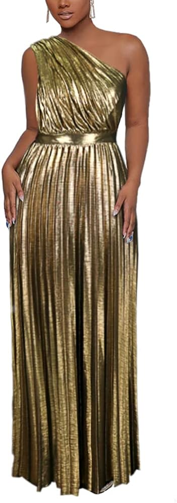 AOMEI Women's Luxury Metallic One Shoulder Sleeveless Elegant Pleated Long Dress