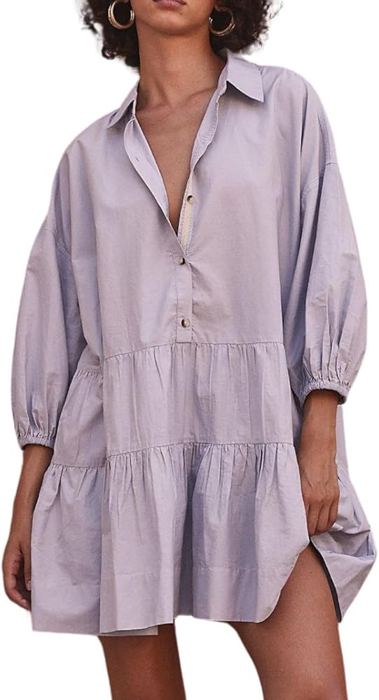 chouyatou Women's Summer Puff Sleeve Tiered Tunic Babydoll Dress Cute Mini Button Down Shirt Dress