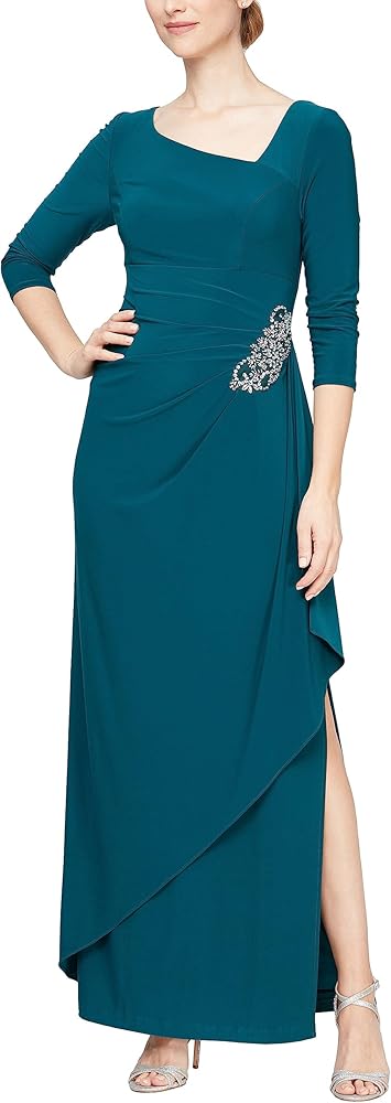 Alex Evenings Women's Long Stretchy 3/4 Sleeve Knot Front Column Dress