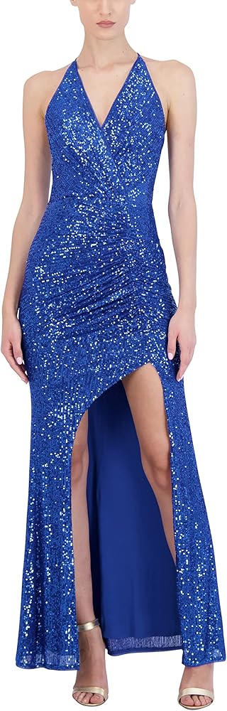 BCBGMAXAZRIA Women's Sleeveless Fit and Flare Long Evening Gown Halter V Neck Open Back Front Slit Dress