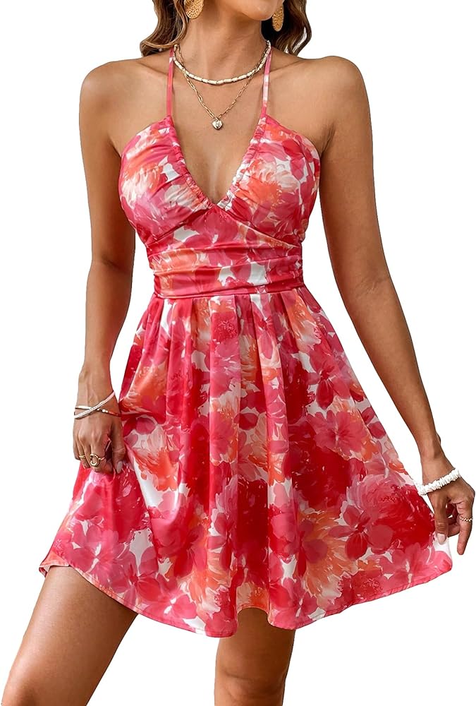 MakeMeChic Women's Boho Floral Summer Dress Criss Cross High Waisted V Neck Sleeveless Short Sundress