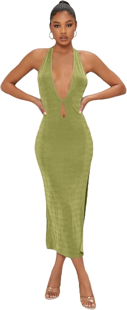 Floerns Women's Halter Neck Sleeveless Split Thigh Party Bodycon Long Dress