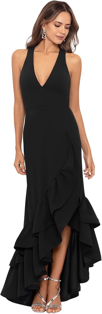 Betsy & Adam Women's V-Neck Hi Low Ruffle Scuba Crepe Dress