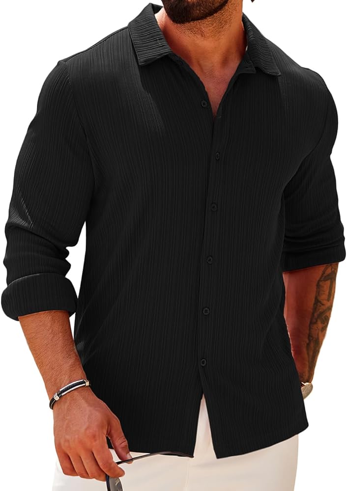 COOFANDY Athletic Fit Dress Shirts for Men Ribbed Knit Textured Button Down Shirts