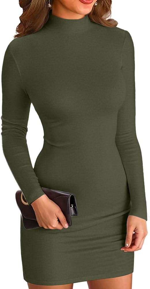 VICHYIE Women Mock Neck Ribbed Bodycon Dress Long Sleeve Mini Pencil Dresses