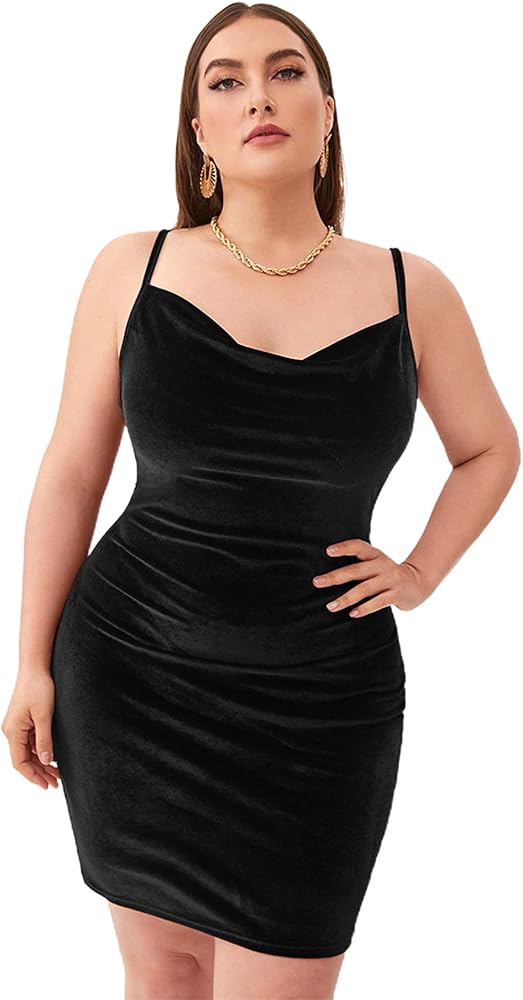 SOLY HUX Women's Sexy Plus Size Velvet Spaghetti Strap Cowl Neck Party Club Bodycon Mini Dress Black 0XL