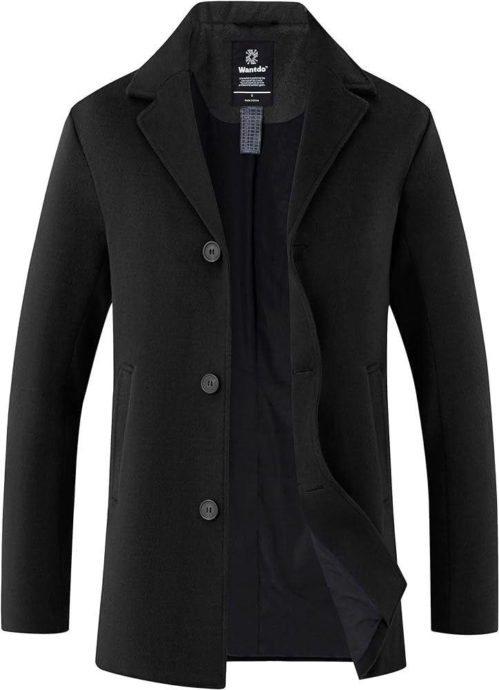 wantdo Men's Single Breasted Pea Coat Windproof Winter Coat Classic Notched Collar Military Jacket