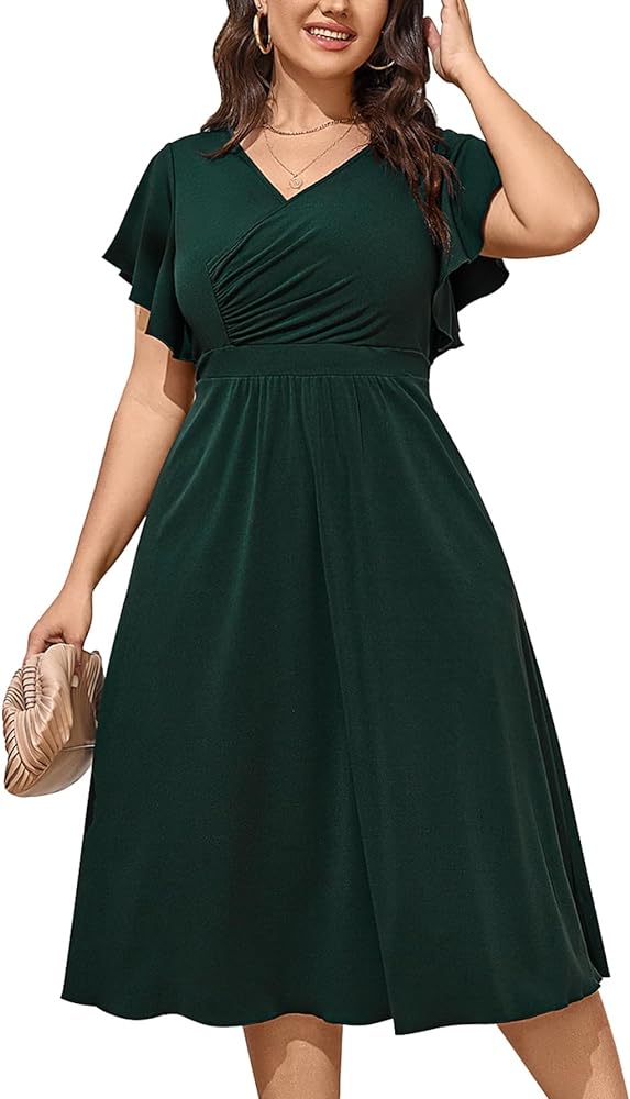 Women Plus Size Dress Wrap V Neck Ruffle Short Sleeve Swing A Line Cocktail Party Midi Dress