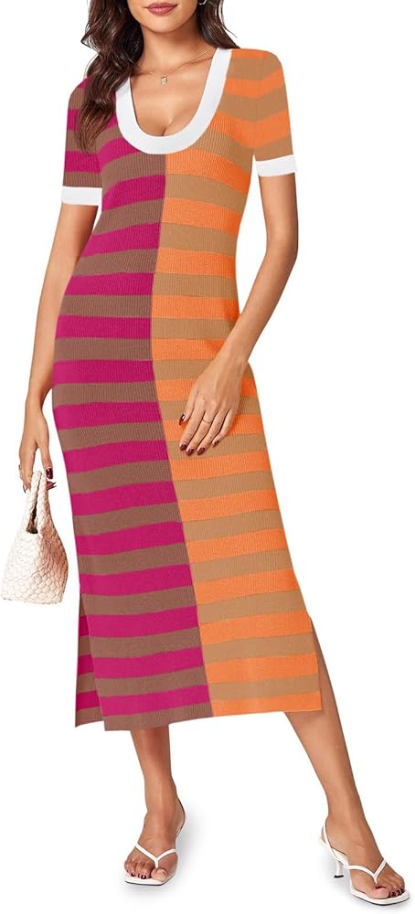 Wenrine Womens Short Sleeve Striped Dress Summer Knitted Scoop Neck Color Block Casual Maxi Dress