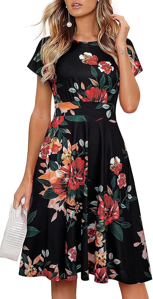 HOMEYEE Women's Short Sleeve Floral Casual Aline Midi Dress A102 (12,Black Floral #2)