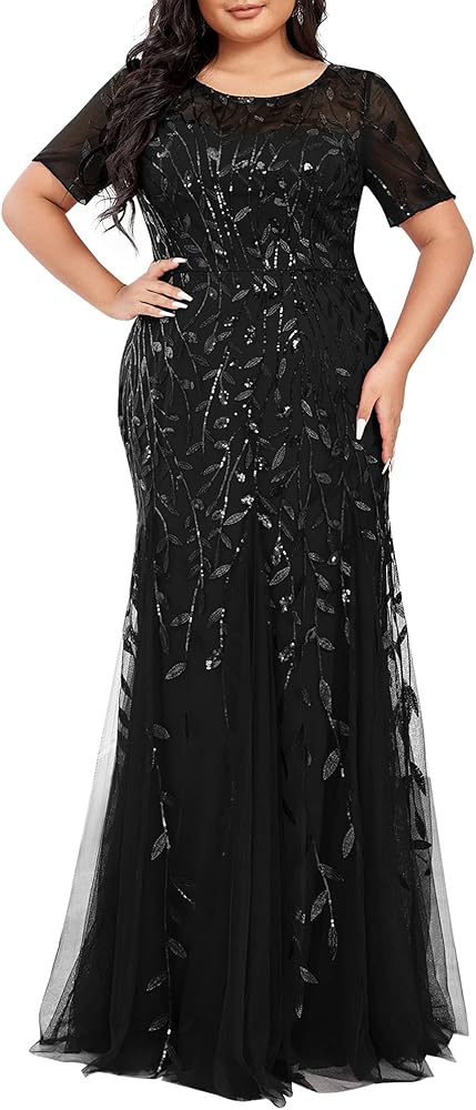 Ever-Pretty Women's Plus Size Sequin Short Sleeves Embroidery Mermaid Maxi Evening Dress 07707-PZUSA