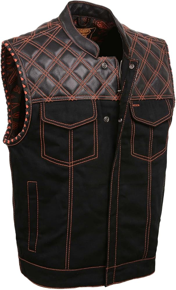 Milwaukee Leather MDM3037 Men's 'Wrecker' Black Denim and Leather Club Style Vest w/Diamond Quilt Design