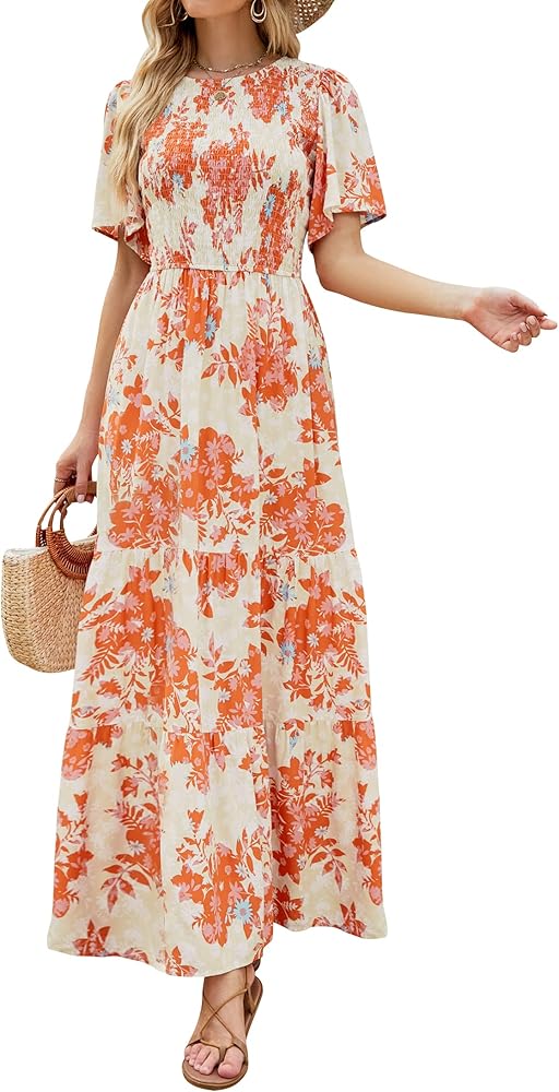 ZESICA Women's 2024 Summer Casual Floral Print Short Flutter Sleeve Crew Neck Smocked High Waist Flowy Maxi Dress