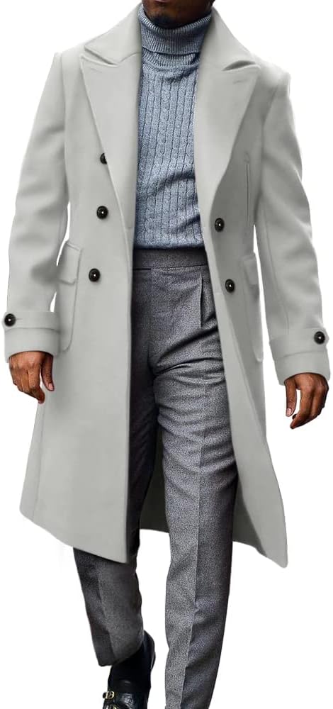 MNCEGEER Men's Trench Coat Notch Lapel Double Breasted Casual Cotton Blend Peacoat