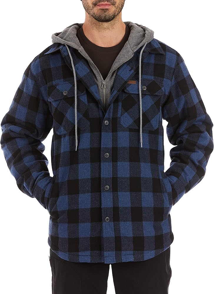 Smith's Workwear Men's Sherpa Lined Hooded Flannel Shirt Jacket, Blue/Black-203, XL