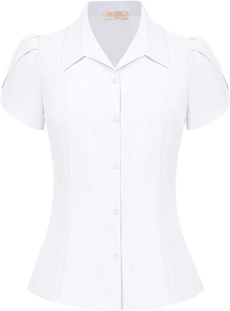 Belle Poque Summer Short Sleeve Button Down Blouse for Women V Neck Vintage Business Casual Shirts Tops