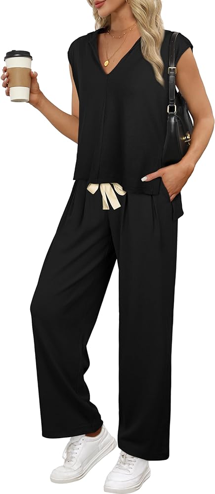 XIEERDUO Lounge Sets For Women Open Side Hoodie Tops And Wide Leg Pants 2 Piece Outfits Sweatsuit Tracksuit 2024