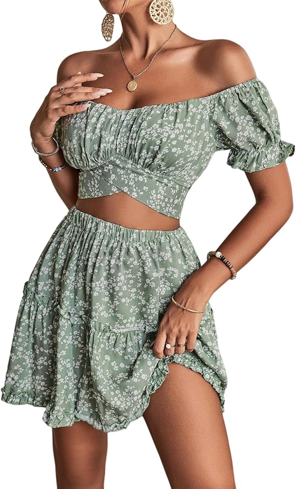 LYANER Women's 2 Piece Outfits Floral Off Shoulder Tie Up Crop Top and Mini Skirt Set