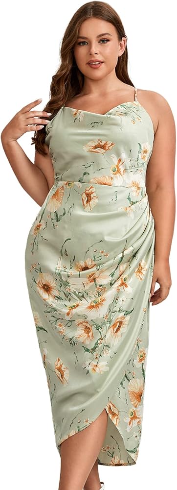 Floerns Women's Plus Size Satin Spaghetti Strap Cowl Neck Wrap Party Cami Dress