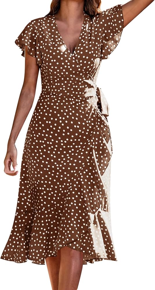 SweatyRocks Women's Polka Dots Short Sleeve V Neck Wrap Dress Tie Side Ruffle Midi Dresses