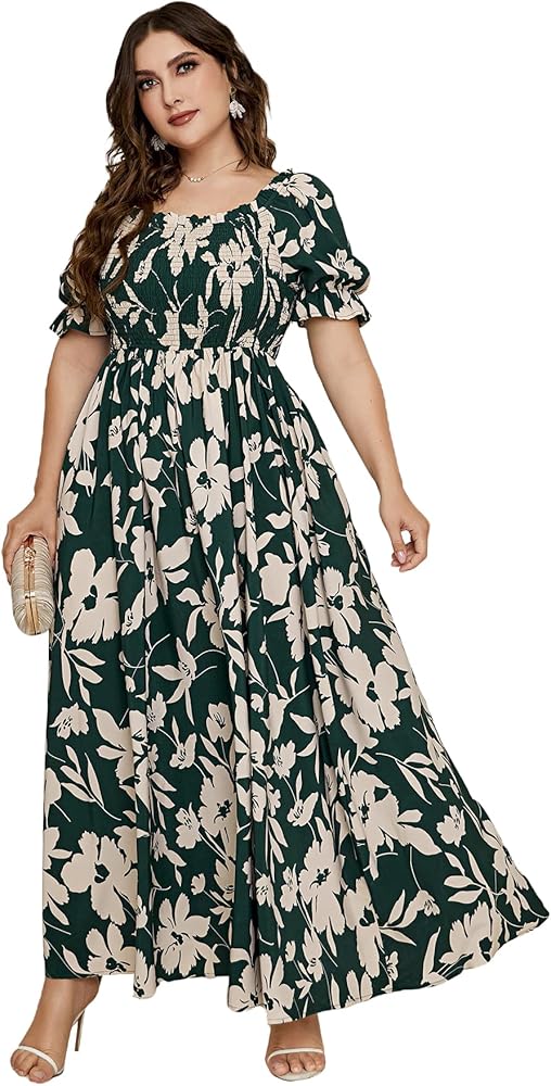 MakeMeChic Women's Plus Size Maxi Dress Curvy Summer Boho Floral Dress Short Sleeve Square Neck Party Wedding Guest Dress