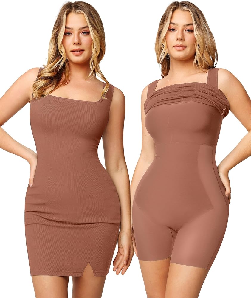 Popilush The Shapewear Dress Mini Slit Built in Shapewear Bra 8 in 1 Square Neck Bodycon Summer Dress for Women 2024