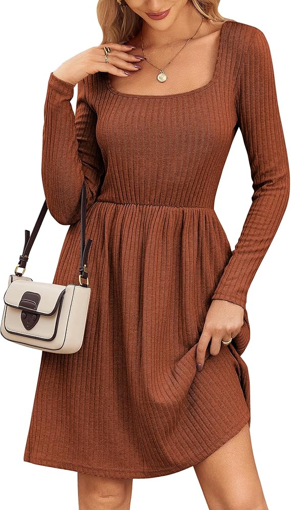 Zeagoo Womens Casual Sweater Dress Square Neck Knit Long Sleeve Dress with Pockets A-Line Knee Length Fall Winter Dress