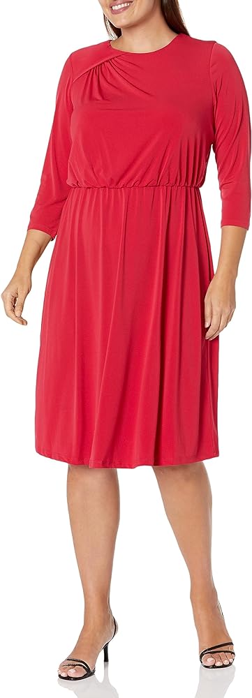 London Times Women's Versatile Jewel Draped Neck Blouson 3/4 Sleeve Jersey Dress