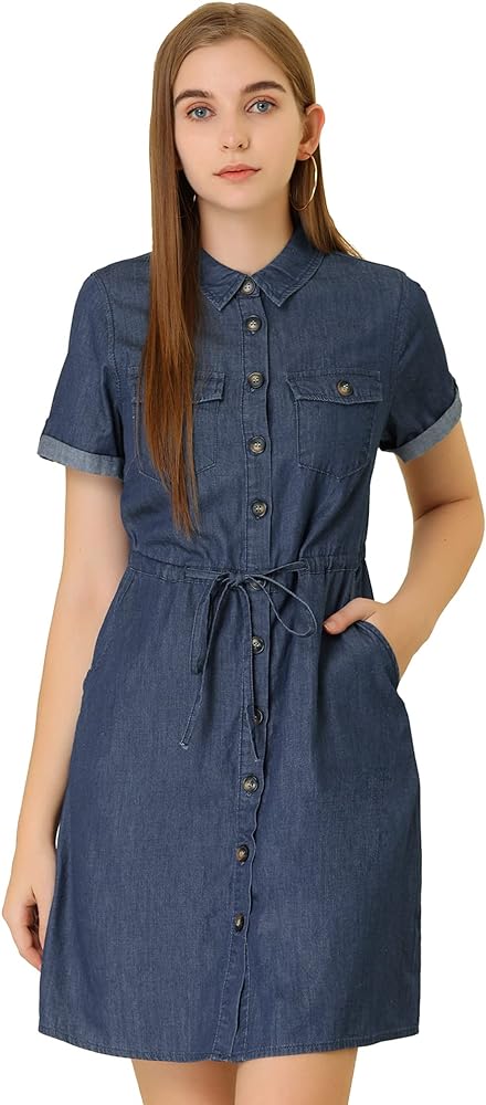 Allegra K Women's Jean Dress Chambray Tie Waist 2024 Spring Casual Button Down Denim Dresses