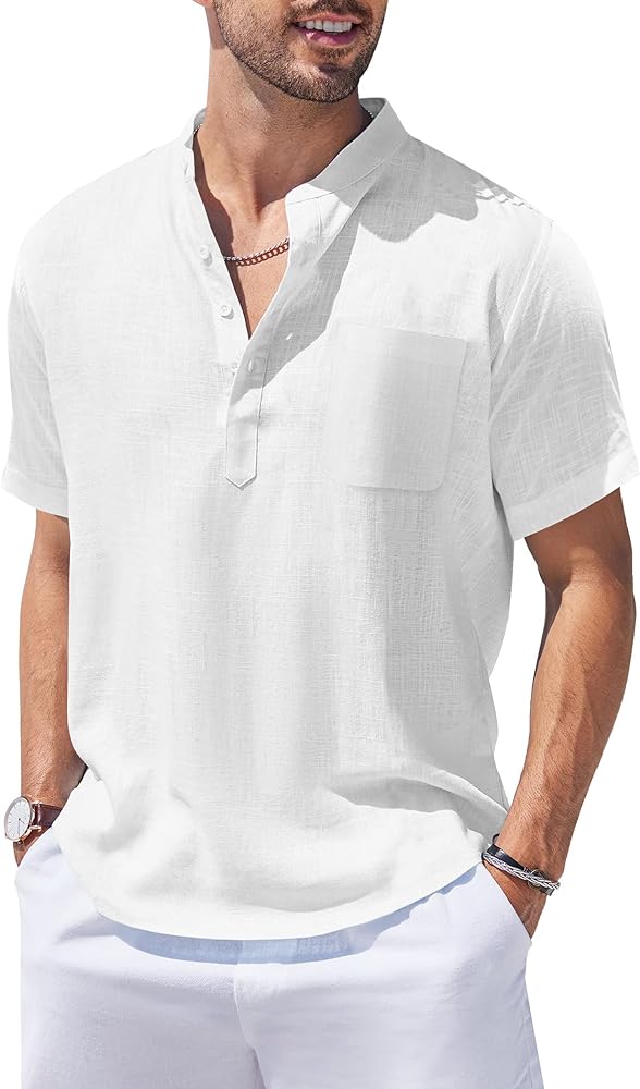 COOFANDY Men's Cotton Linen Henley Shirt Short Sleeve Hippie Casual Beach T-Shirts with Pocket