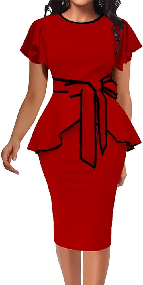 Women Church Dress Vintage Ruffle Sleeves Pencil Dress Business Bodycon Peplum Midi Dresses for Work