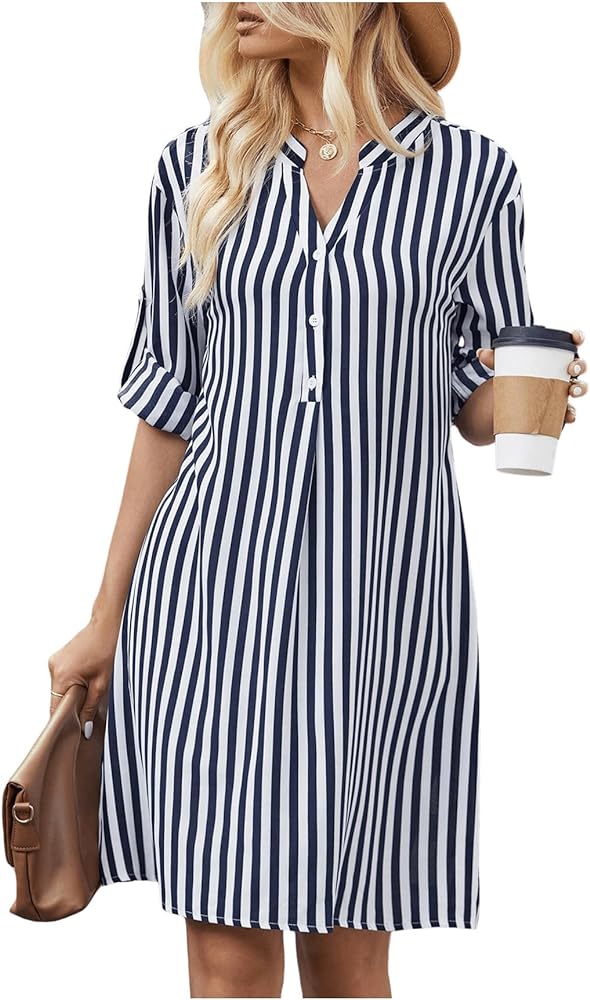 SOLY HUX Women's Striped Print Half Button Tunic Dress Notched Loose Long Sleeve Dresses Blue and White Medium