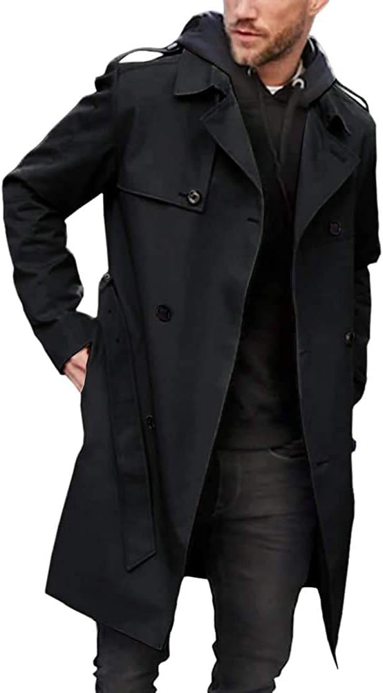 Gafeng Men's Trench Coat Slim fit Double Breasted Belted Windbreaker Lapel Long Jacket Casual Windproof Overcoat