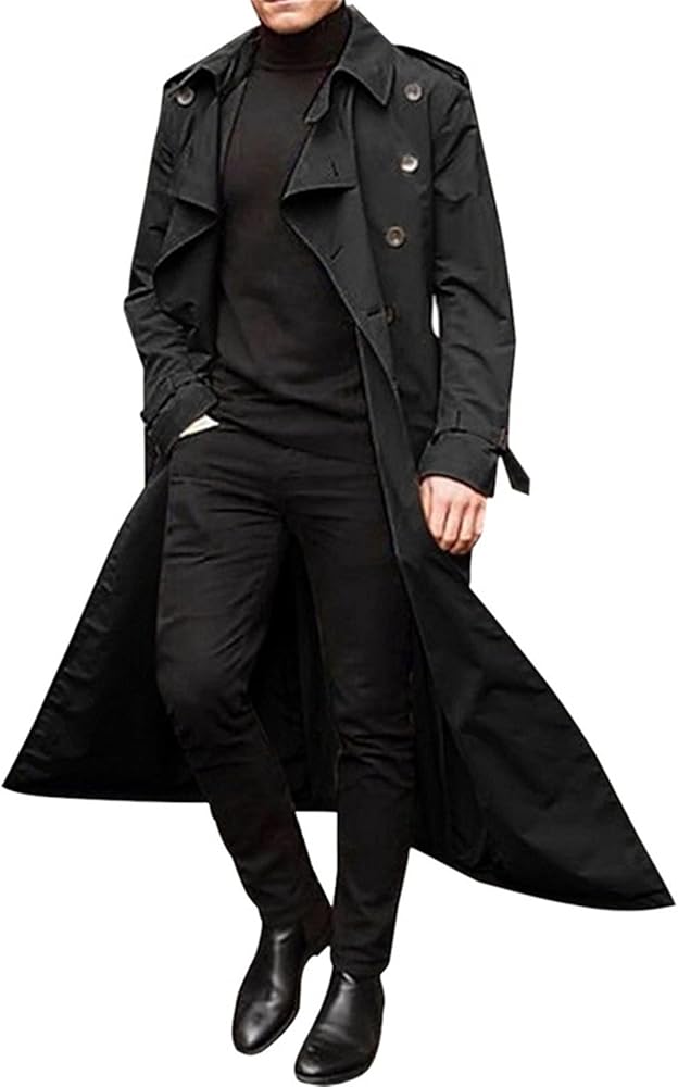 Sinzelimin Men's Trench Coat Fashion Easy Notch Lapel Business Casual Jacket Solid Long Pea Coat Windbreaker Overcoat