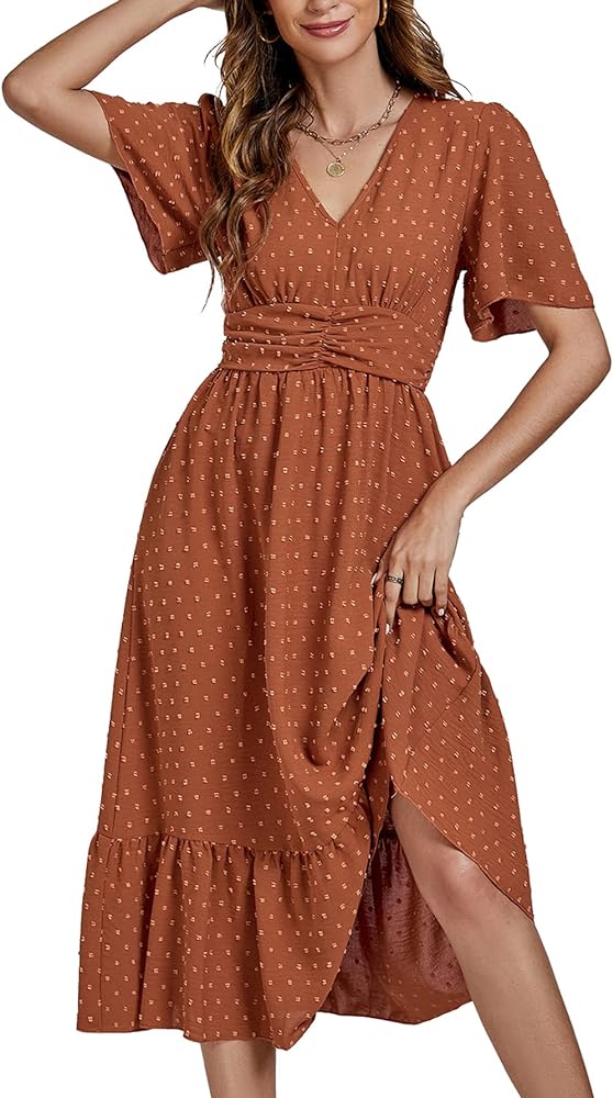 LYANER Women Boho Maxi Dress Long Sleeve V Neck Swiss Dot High Waited A-Line Ruffle Tiered Chiffon Long Dresses