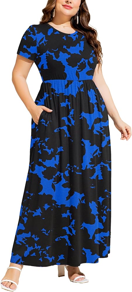 levaca Women's Plus Size Short Sleeve Casual Summer Long Maxi Dress with Pockets