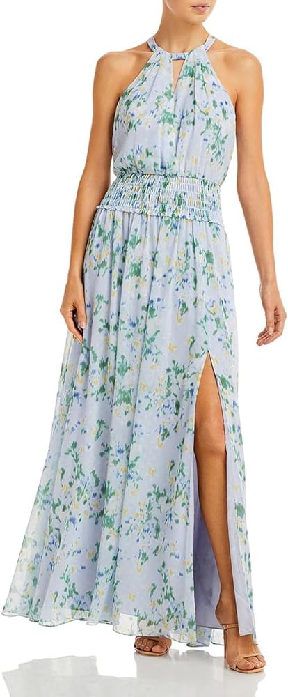 BCBGMAXAZRIA Women's Sleeveless Halter Neck Smocked Waist Side Slit Maxi Evening Dress