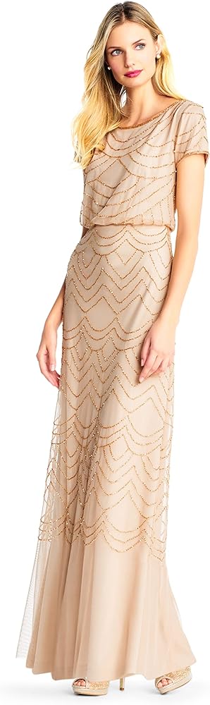 Adrianna Papell Women's Short Sleeve Blouson Beaded Gown