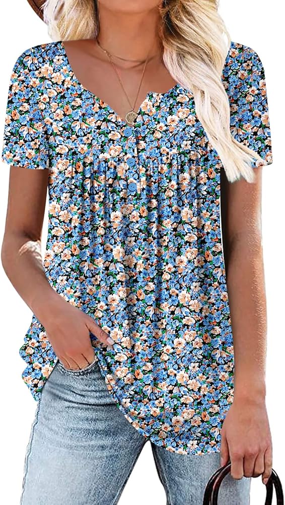 ROSELINLIN Women's Short Sleeve Shirts Floral Summer Tops Loose Fit for Leggings