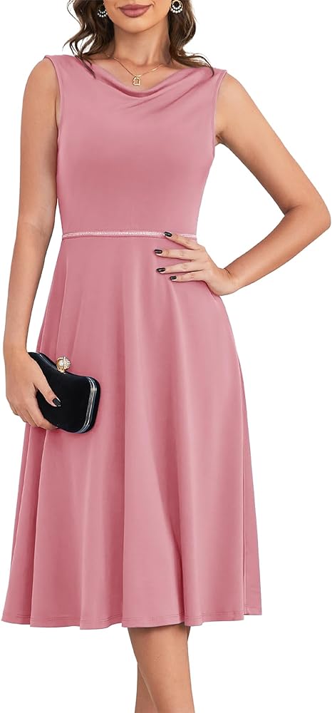 Dressystar 2024 Women's Summer Dresses Party Club Cocktail Formal Casual Dress Sleeveless Elegant Cowl Neck A-Line Midi Dress