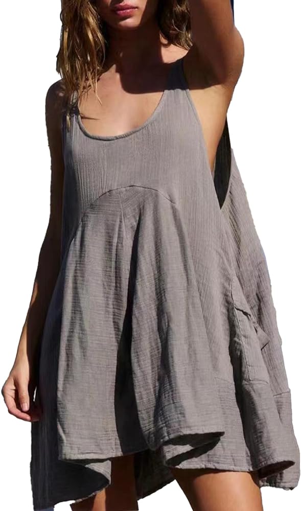 Women Casual Dresses Sleeveless Crew Neck Backless Tunic Mini Dress Loose Flowy Tank Sundress with Pockets