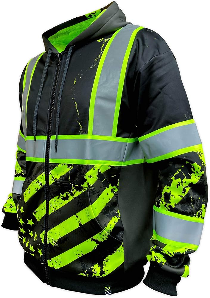 SafetyShirtz Hi Vis Hoodie - SS360 Stealth American Grit Zip-Up Type-O - Heavy Duty Safety Sweater - Cold Weather Reflective