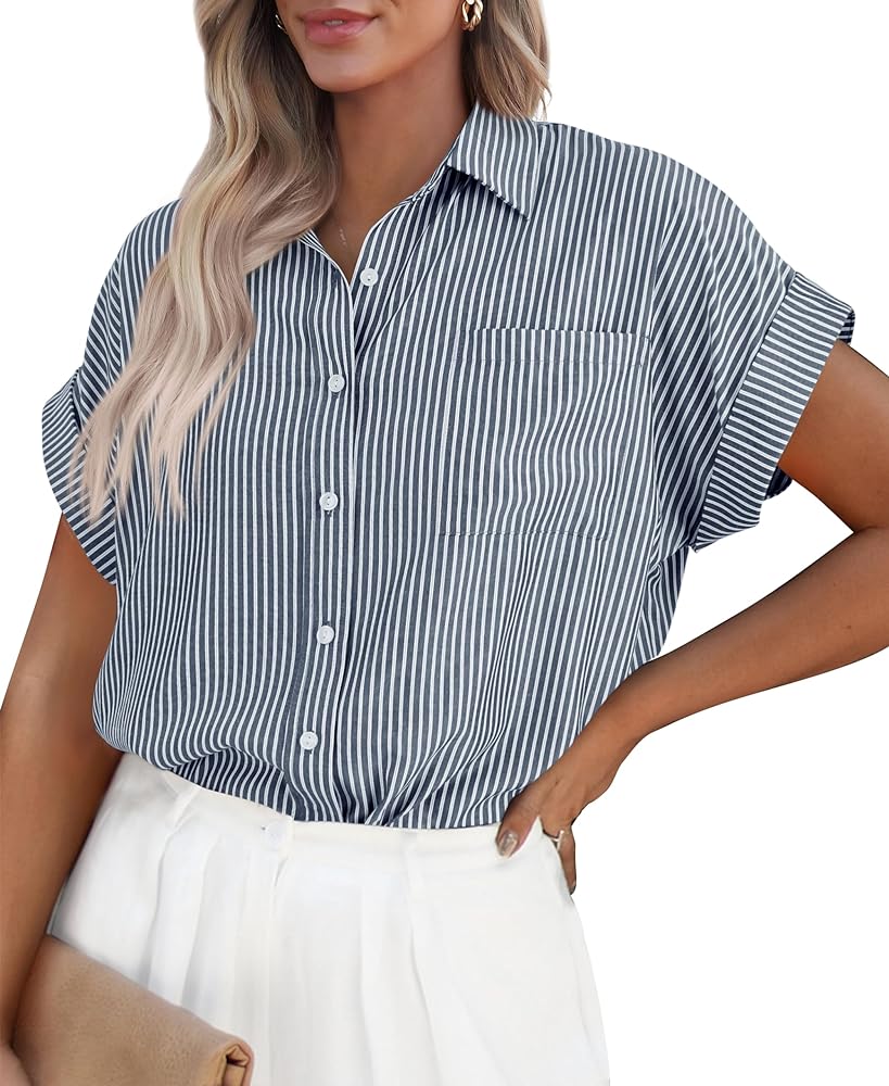 PRETTYGARDEN Striped Shirts Button Up Tops for Women 2024 Summer Short Sleeve V Neck Dressy Casual Blouse