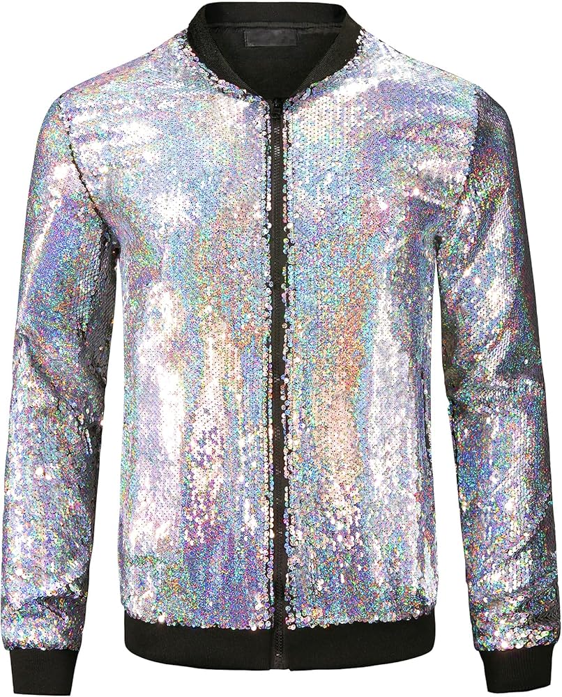 Lars Amadeus Sequin Jacket for Men's Zip Up Long Sleeves Party Disco Sparkly Bomber Jacket