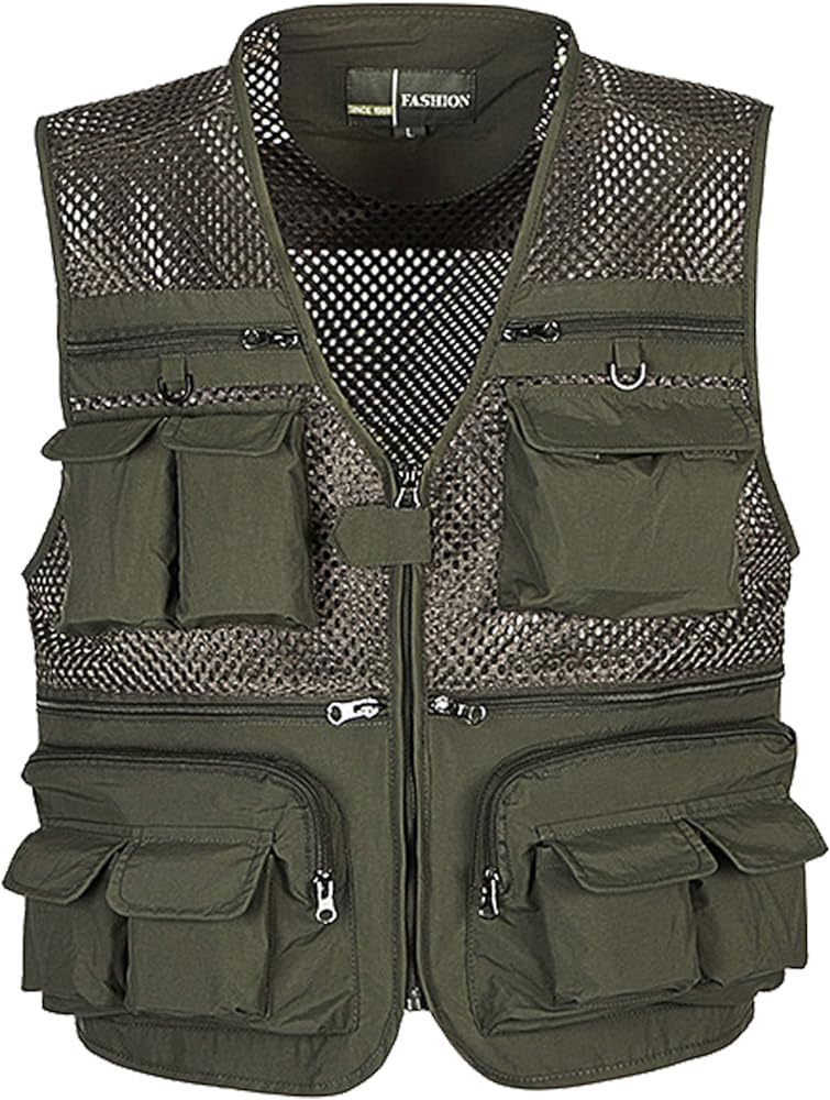 Flygo Mens Mesh Quick Dry Outdoor Work Fishing Travel Photo Vest with Multi Pockets