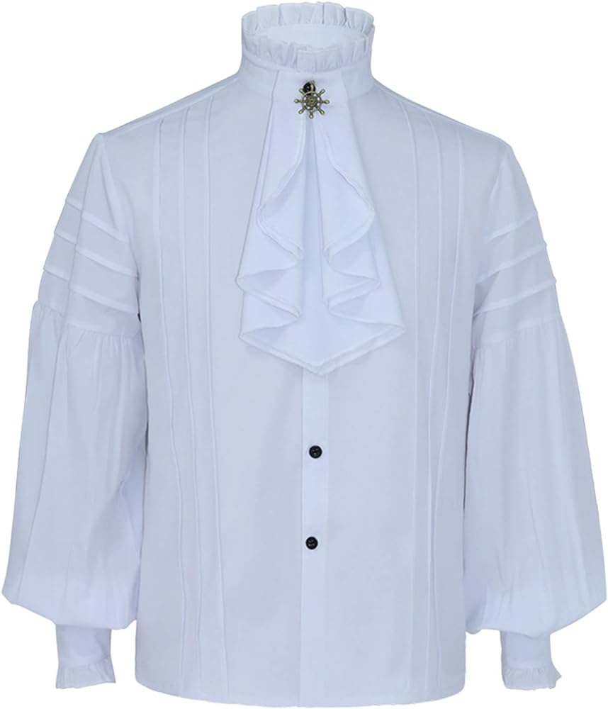 Mens Fashion Solid Color Gothic Vintage Court Shirt Stand Collar Hem Long Sleeve Puff Sleeve Shirt Blouse