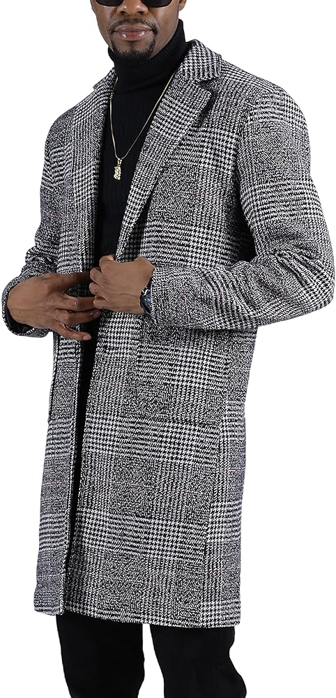 UANEO Mens Trench Coat Single Breasted Plaid Mid Long Peacoat Pea Coats