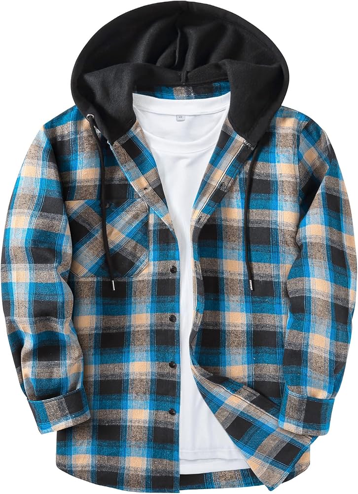 ZITY Flannel Hoodie for Men Plaid Flannels Shirts Long Sleeve Casual Button Down Shirt with Pocket