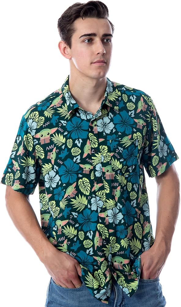 Star Wars Men's The Mandalorian Grogu Baby Yoda Leaves Hawaiian Button Up Shirt