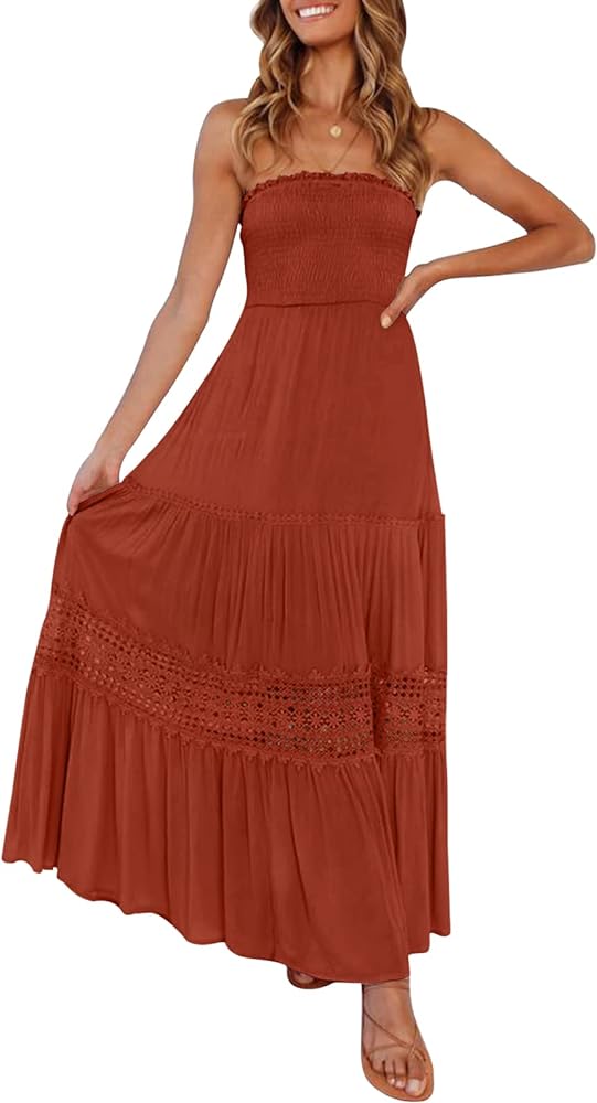 ZESICA Women's 2024 Summer Bohemian Strapless Off Shoulder Lace Trim Backless Flowy A Line Beach Long Maxi Dress